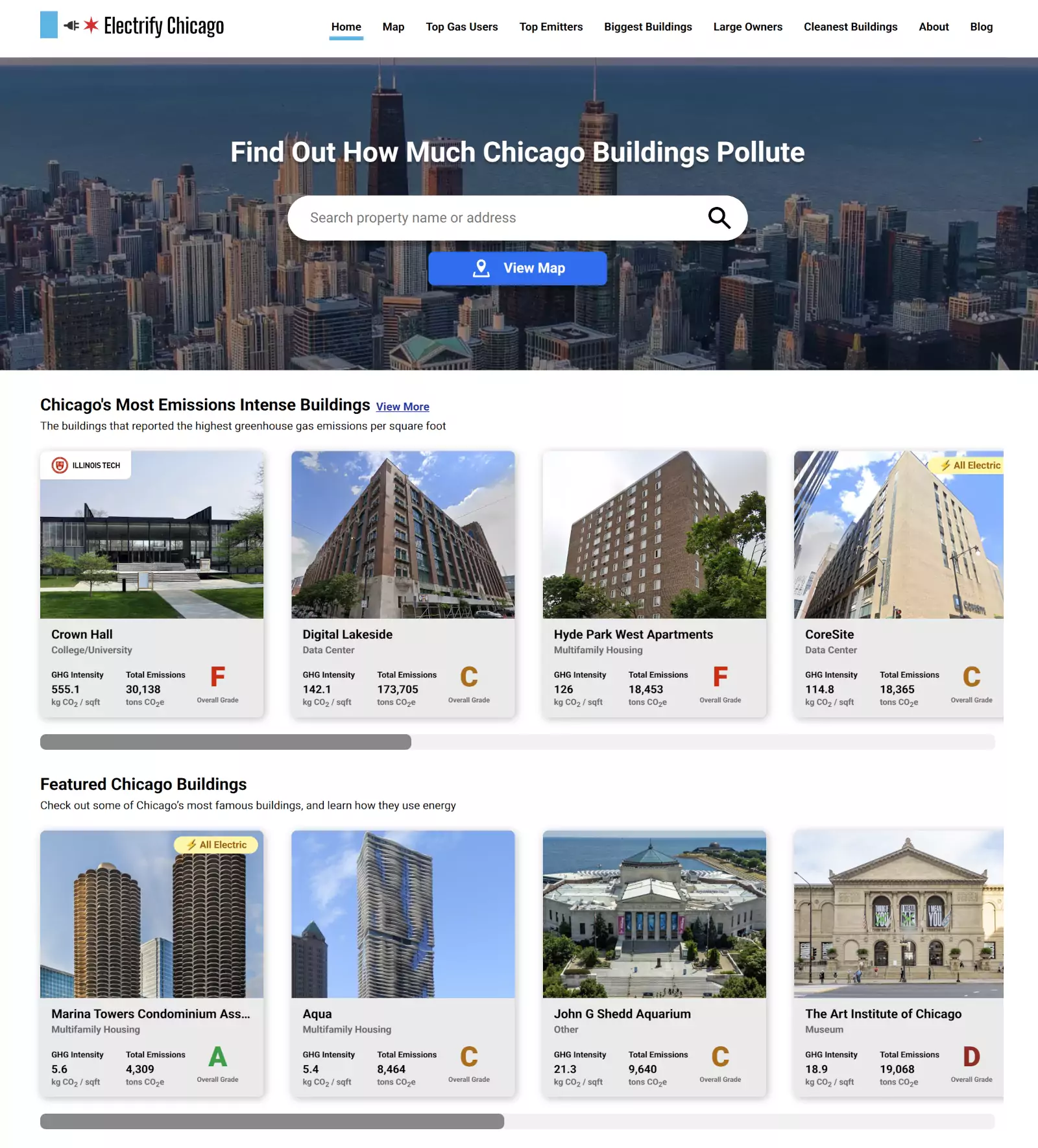 The Electrify Chicago homepage showing Chicago's most emissions intense
buildings and some featured Chicago buildings, with Crown Hall getting an F,
Digital Lakeside getting a C, and more.