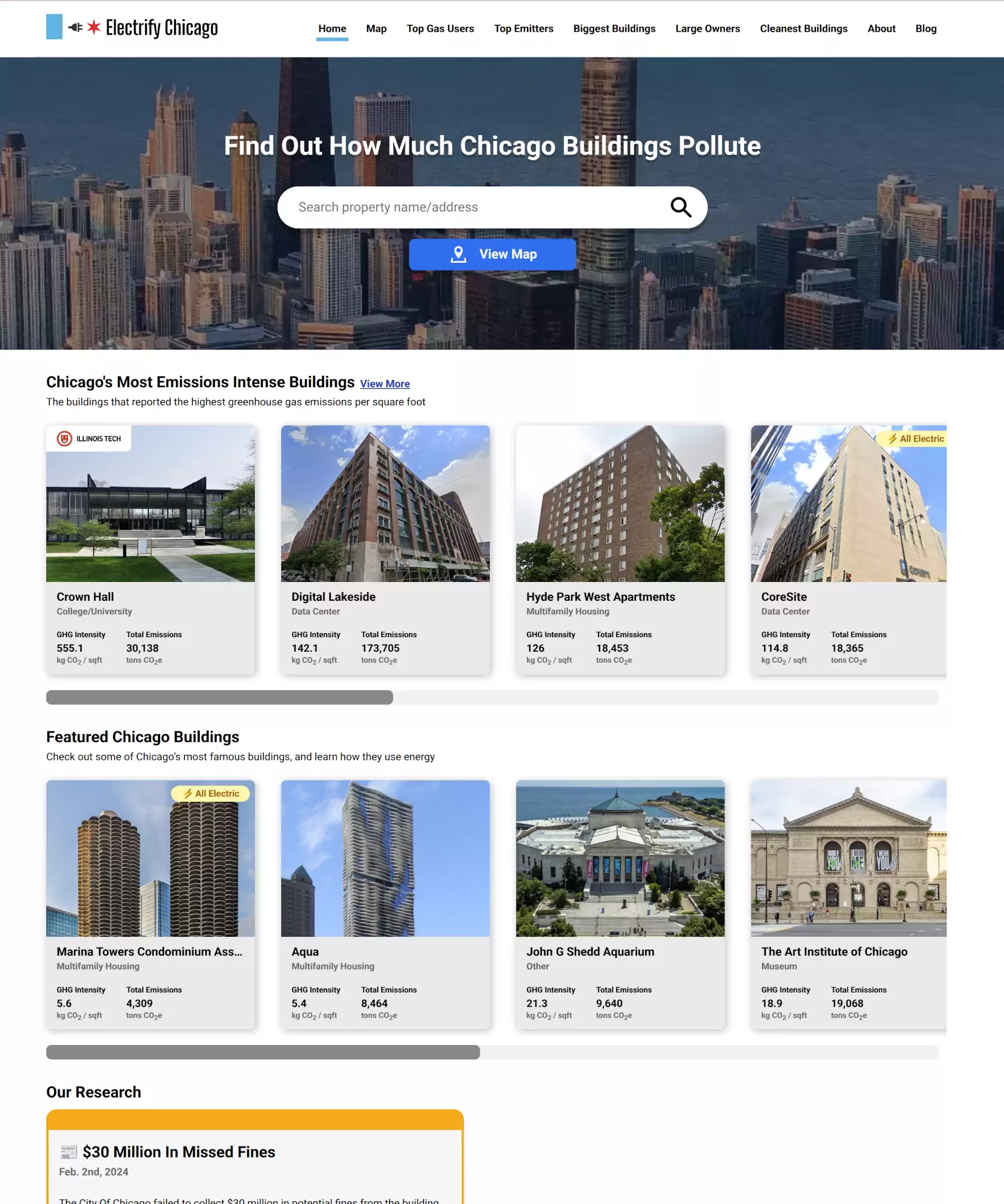 Electrify Chicago Homepage with a large skyline hero section at the top with a
prominent search bar and a blue map links, and tiles of buildings below with images
for each building and their overall emissions and GHG intensity
