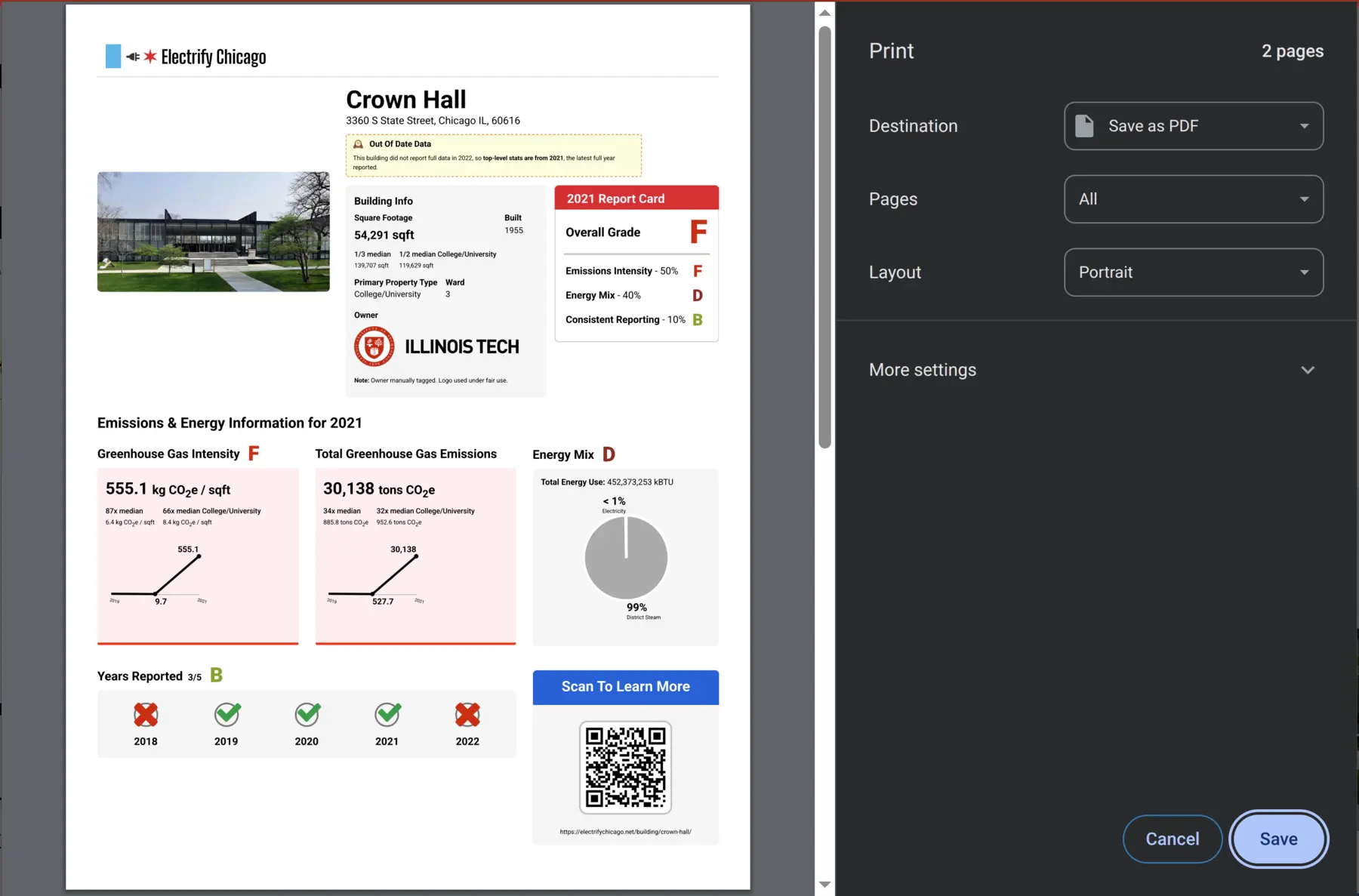 Building page in print mode showing clean layout without navigation or footer